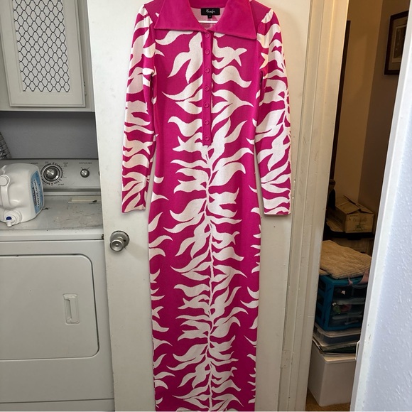 Hanifa Soraya Maxi Pink White Long Sleeve Thick Knit Long Wiggle Dress Size M - Picture 3 of 7